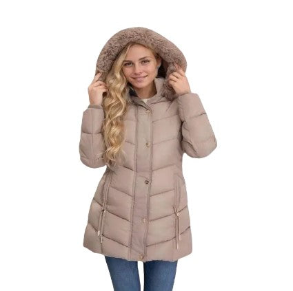 Women's Quilted Hooded Cotton Coat - Mid-Length Winter Jacket with Zipper, Windproof and Warm, Regular Fit with Pockets