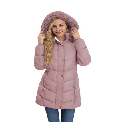 Women's Quilted Hooded Cotton Coat - Mid-Length Winter Jacket with Zipper, Windproof and Warm, Regular Fit with Pockets