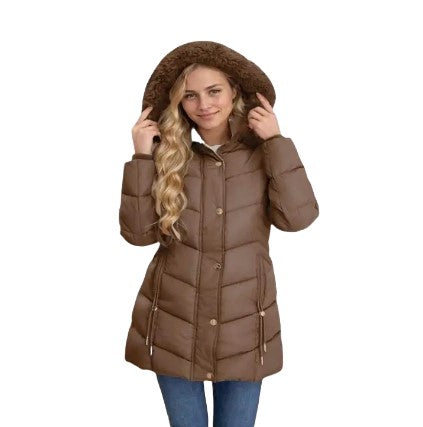 Women's Quilted Hooded Cotton Coat - Mid-Length Winter Jacket with Zipper, Windproof and Warm, Regular Fit with Pockets