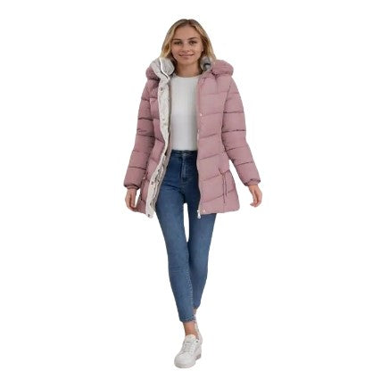 Women's Quilted Hooded Cotton Coat - Mid-Length Winter Jacket with Zipper, Windproof and Warm, Regular Fit with Pockets