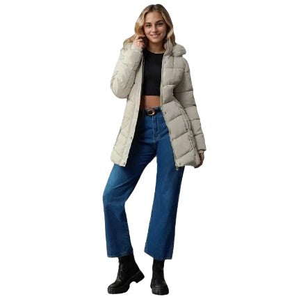 Women's Quilted Hooded Cotton Coat - Mid-Length Winter Jacket with Zipper, Windproof and Warm, Regular Fit with Pockets