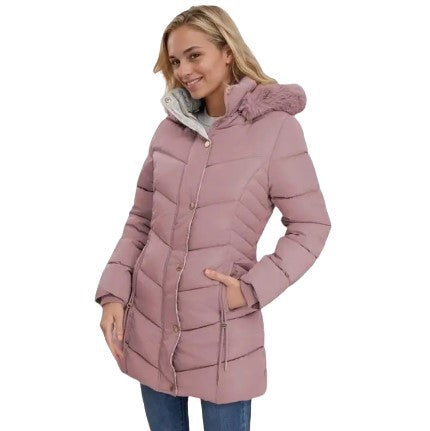 Women's Quilted Hooded Cotton Coat - Mid-Length Winter Jacket with Zipper, Windproof and Warm, Regular Fit with Pockets