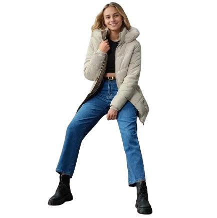 Women's Quilted Hooded Cotton Coat - Mid-Length Winter Jacket with Zipper, Windproof and Warm, Regular Fit with Pockets