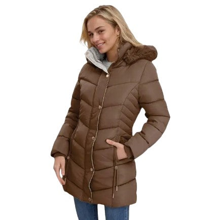 Women's Quilted Hooded Cotton Coat - Mid-Length Winter Jacket with Zipper, Windproof and Warm, Regular Fit with Pockets