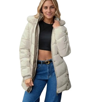 Women's Quilted Hooded Cotton Coat - Mid-Length Winter Jacket with Zipper, Windproof and Warm, Regular Fit with Pockets