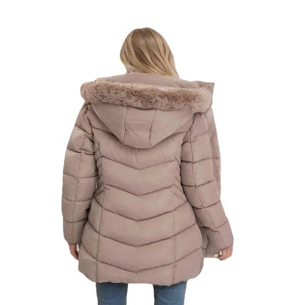 Women's Quilted Hooded Cotton Coat - Mid-Length Winter Jacket with Zipper, Windproof and Warm, Regular Fit with Pockets