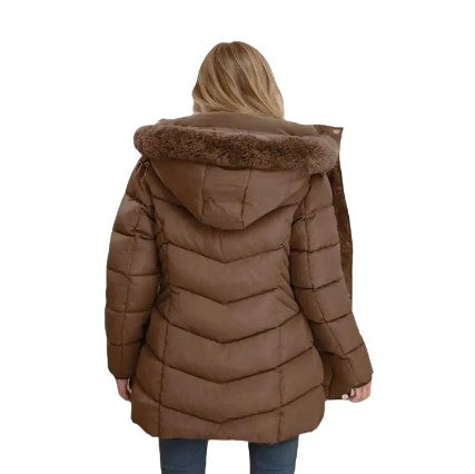 Women's Quilted Hooded Cotton Coat - Mid-Length Winter Jacket with Zipper, Windproof and Warm, Regular Fit with Pockets